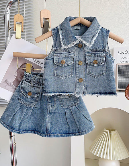 Sleeveless Denim Jacket and Skirt 2Piece Set