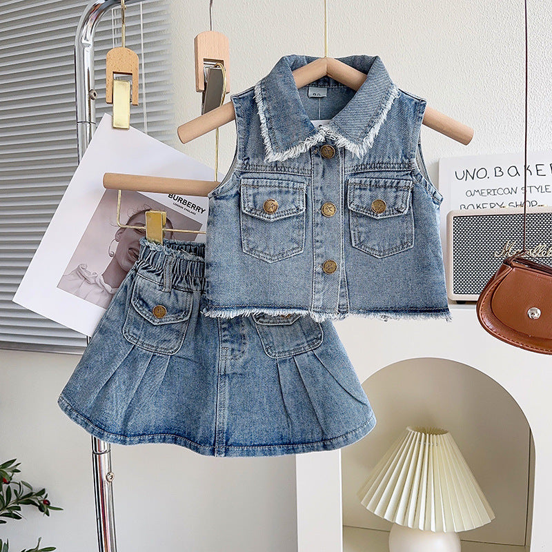 Sleeveless Denim Jacket and Skirt 2Piece Set