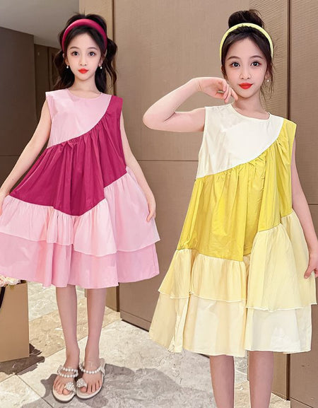 Slant Pleated Color patch Sundress