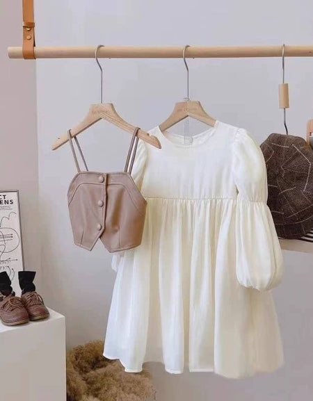 2piece Leather Vest-Over Lantern Sleeve Dress