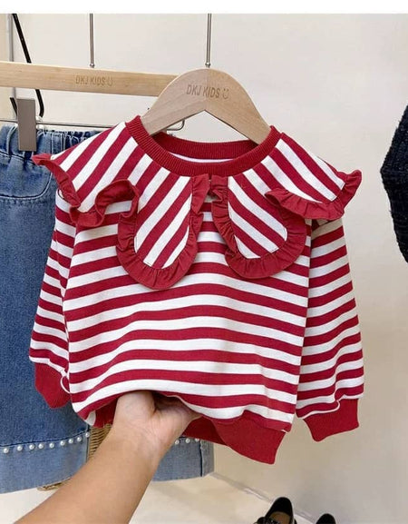 Striped Large Cape Blouse and Denim Pants Set