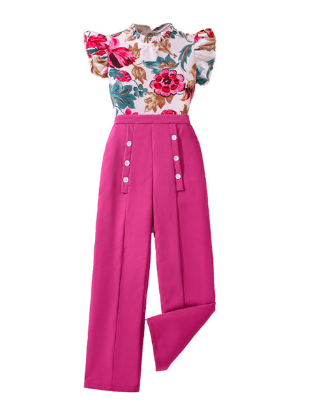 Lapel Style Pants and Floral Blouse Set