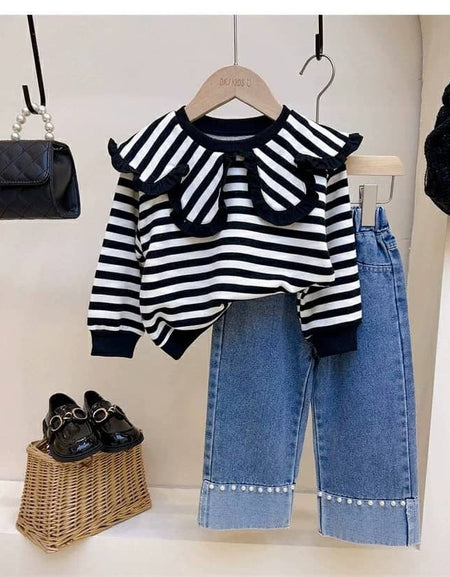 Striped Large Cape Blouse and Denim Pants Set