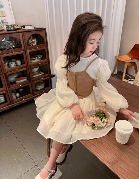 2piece Leather Vest-Over Lantern Sleeve Dress