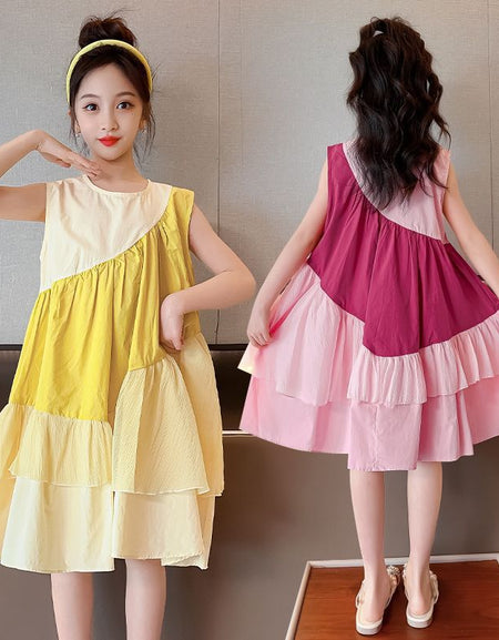 Slant Pleated Color patch Sundress