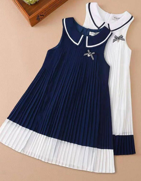 Girls Navy Style Flare Pleats Dress