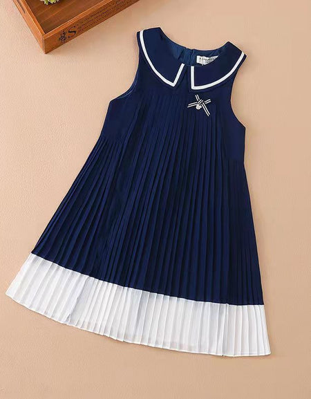 Girls Navy Style Flare Pleats Dress