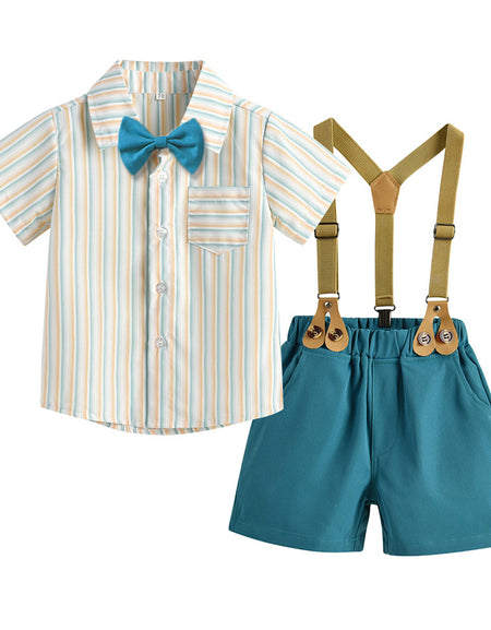 Boys Striped Shirt, Short, Suspender& Bowtie Set