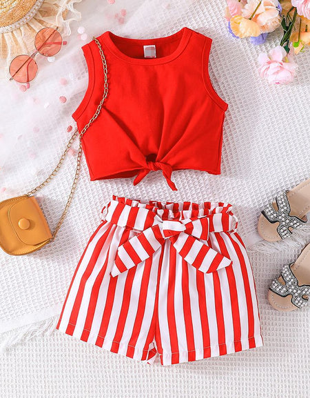 Knot Hem Tank Top and Striped Belted Short Set