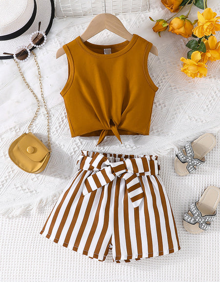 Knot Hem Tank Top and Striped Belted Short Set
