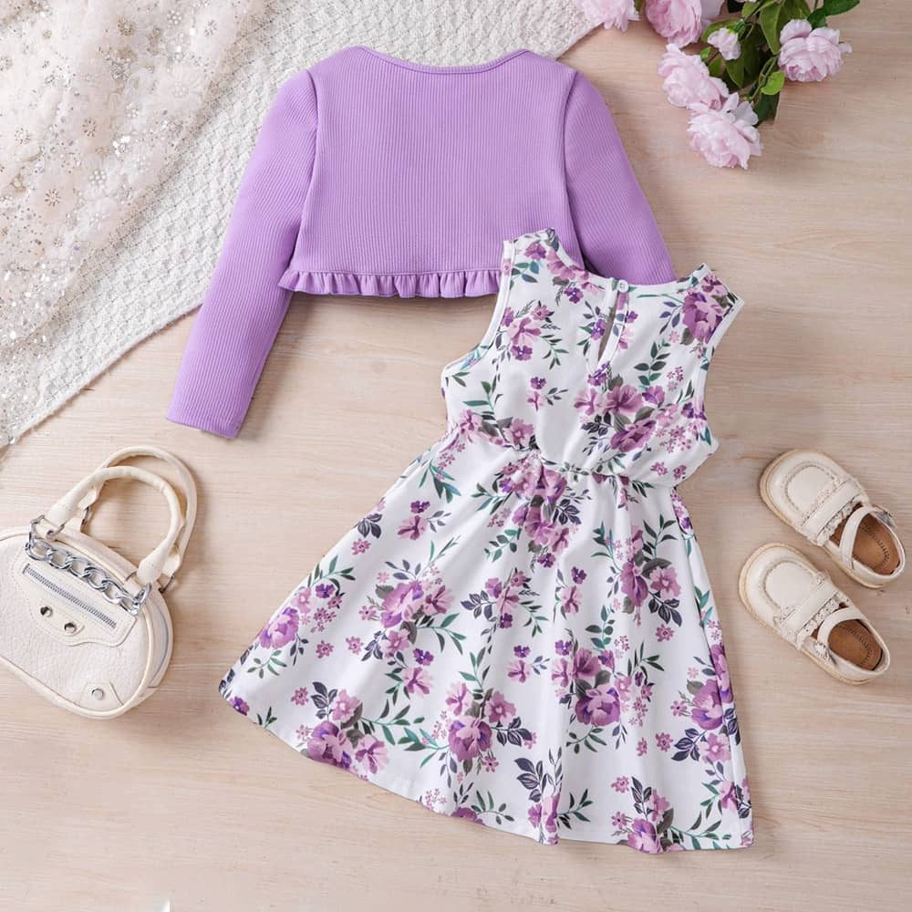 Bowknot Floral Print Dress& Ruffle Trim Jacket Set