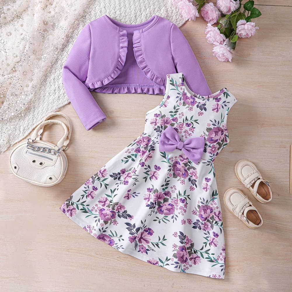 Bowknot Floral Print Dress& Ruffle Trim Jacket Set