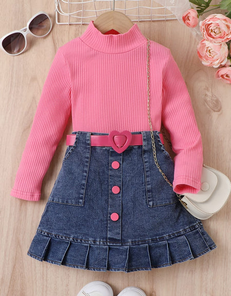 Mock Neck Top, Frill Hem Denim Skirt& Belt Set