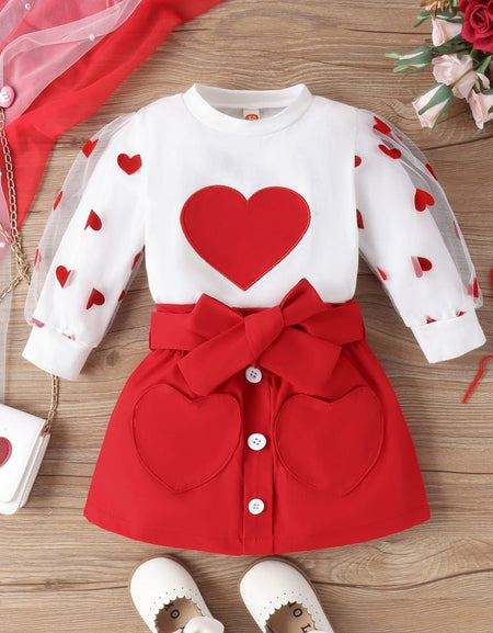 Heart Themed Mesh Puffsleeve Top &Button Detail Skirt with Belt