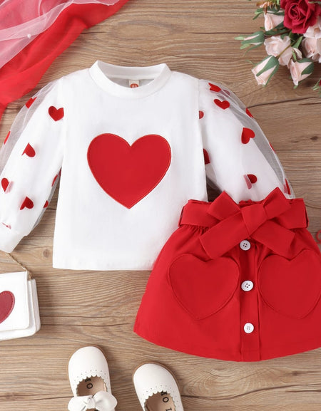 Heart Themed Mesh Puffsleeve Top &Button Detail Skirt with Belt