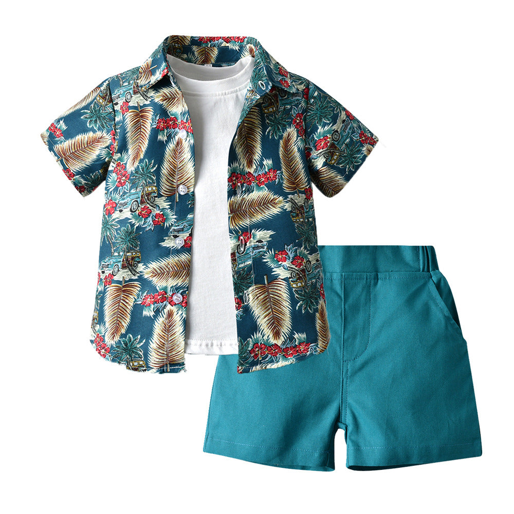 Tropical Print Hawaii Shirt, Vest and Solid Color Short Set