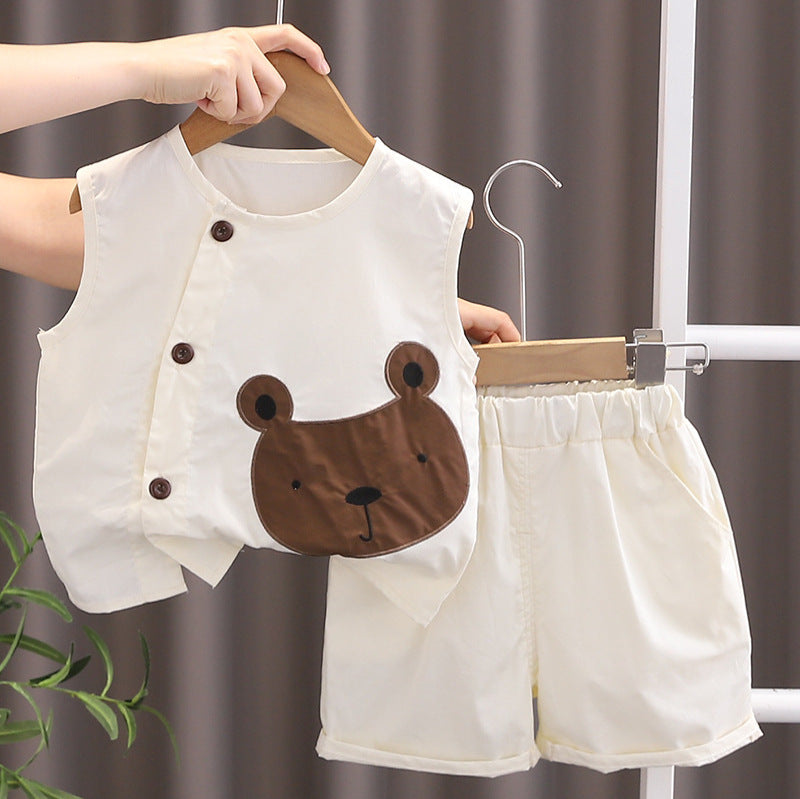 Bear Patch Sleeveless Vest & Shorts Set