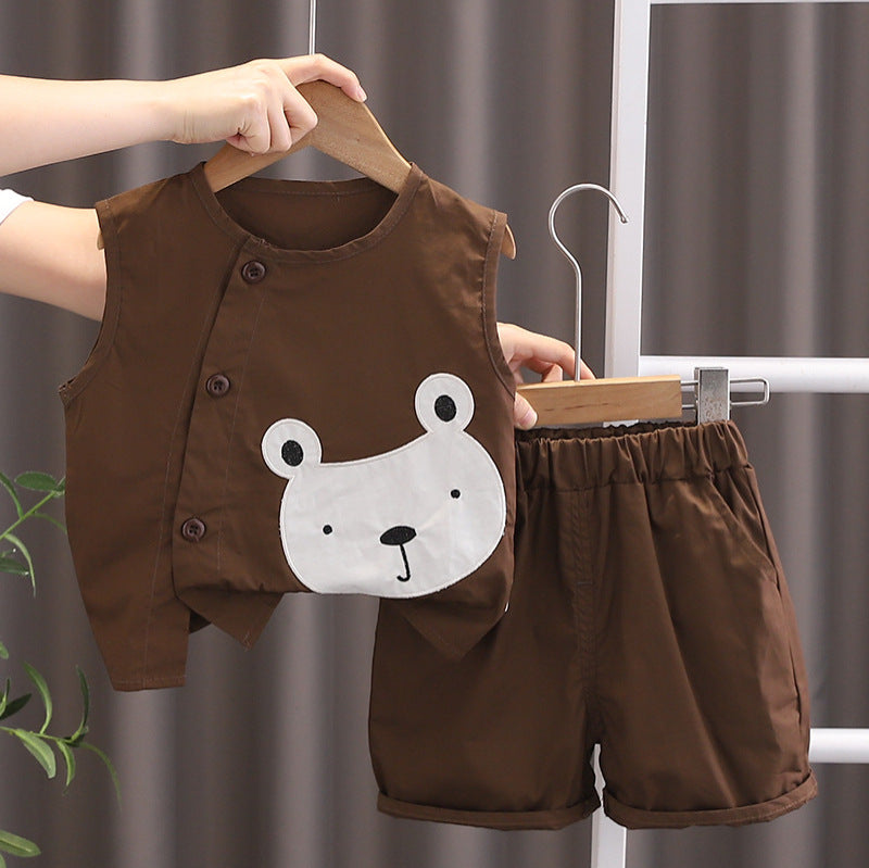 Bear Patch Sleeveless Vest & Shorts Set