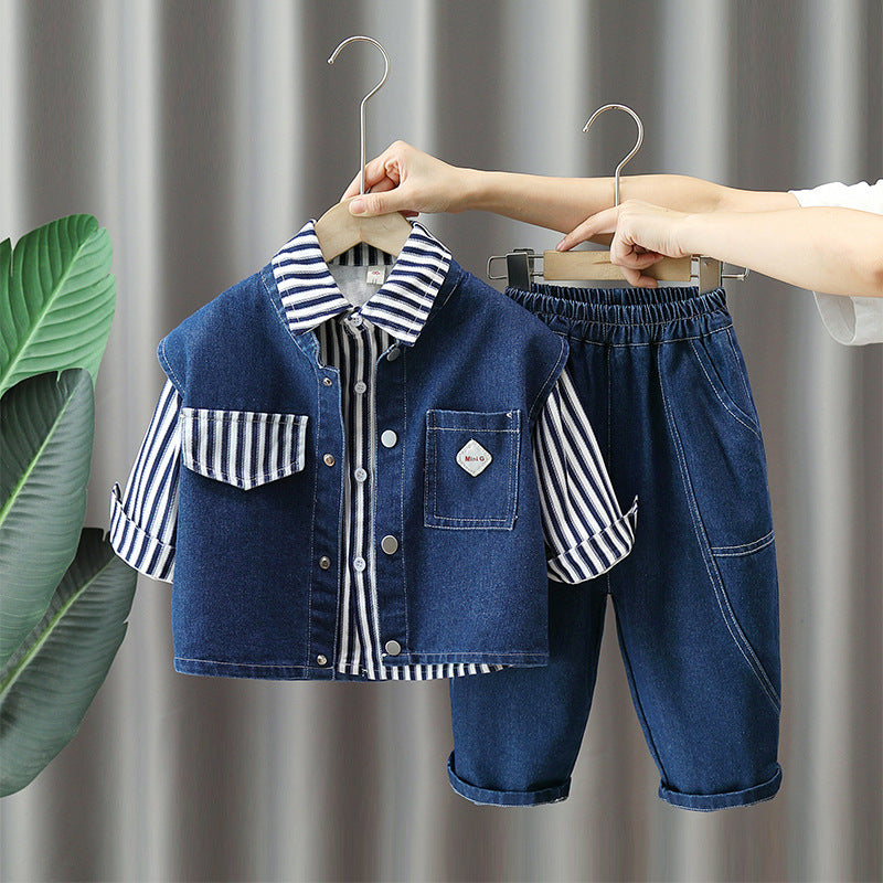 Cool Striped Shirt, Denim Vest& Pant Set