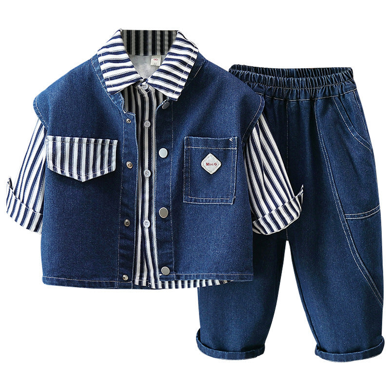 Cool Striped Shirt, Denim Vest& Pant Set