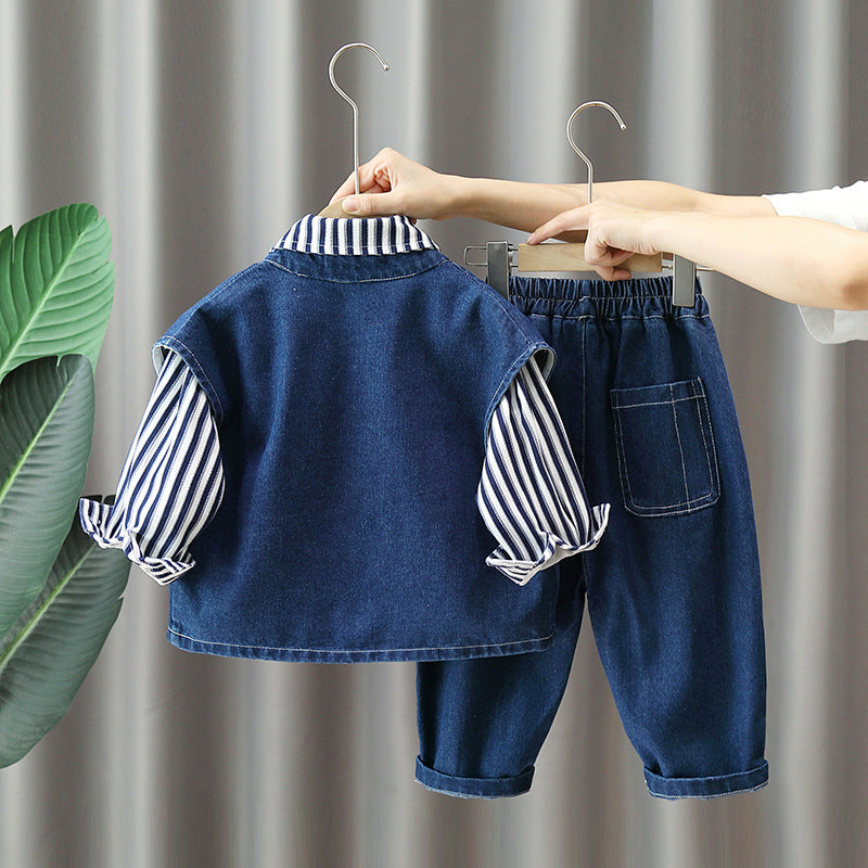 Cool Striped Shirt, Denim Vest& Pant Set