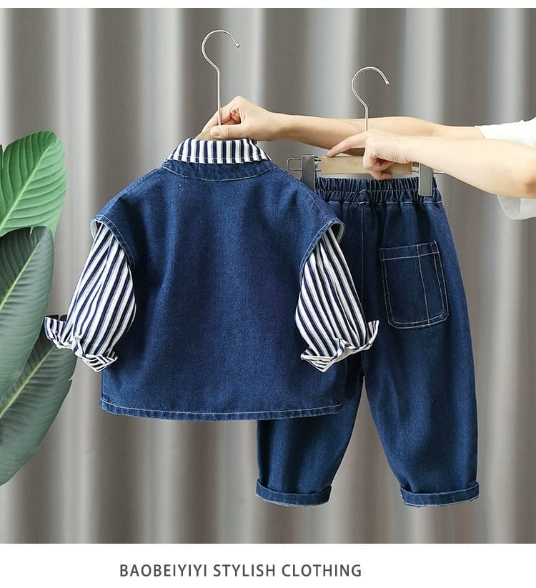 Cool Striped Shirt, Denim Vest& Pant Set
