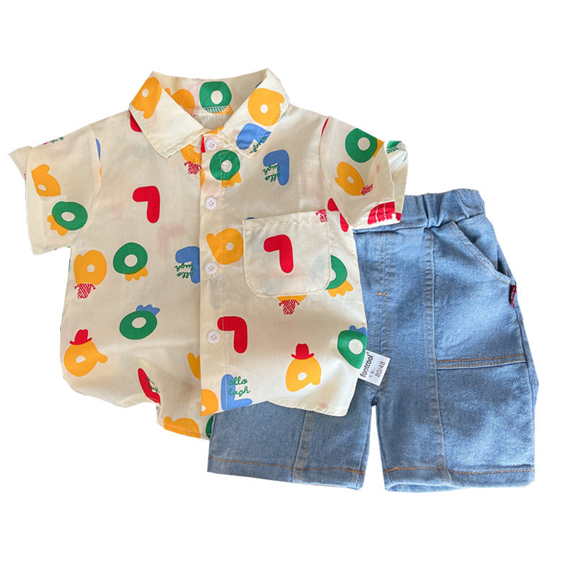 Vibrant Print Shirt and Denim Shorts Duo