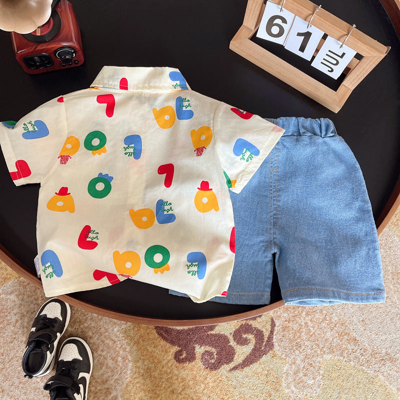 Vibrant Print Shirt and Denim Shorts Duo