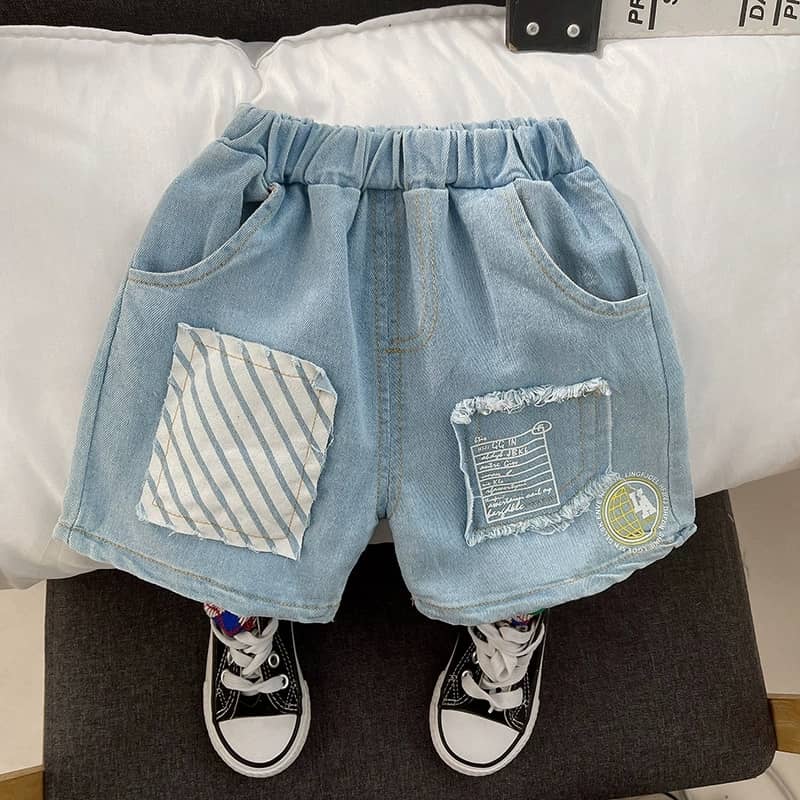 Croc Striped Tee and Patchy Denim Shorts Set