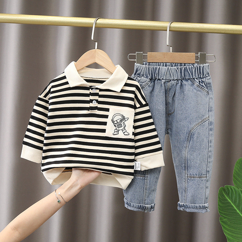 Stylish Striped Polo and Denim Pant Set