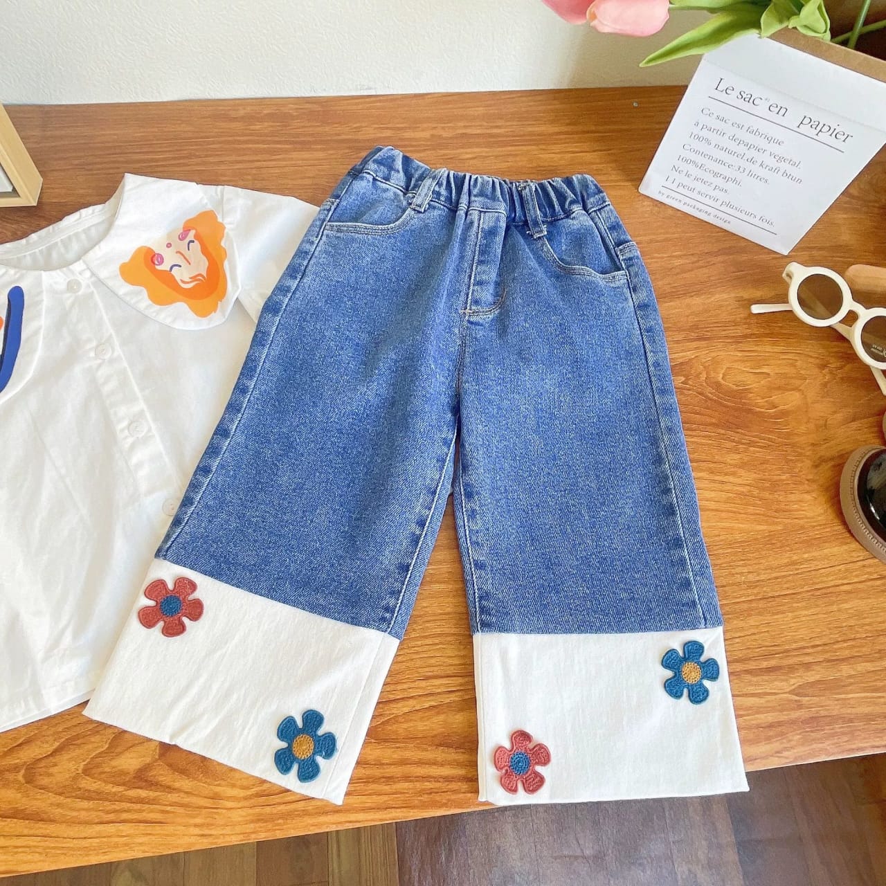 Fun Cape Blouse & Flower-Patch Denim Set