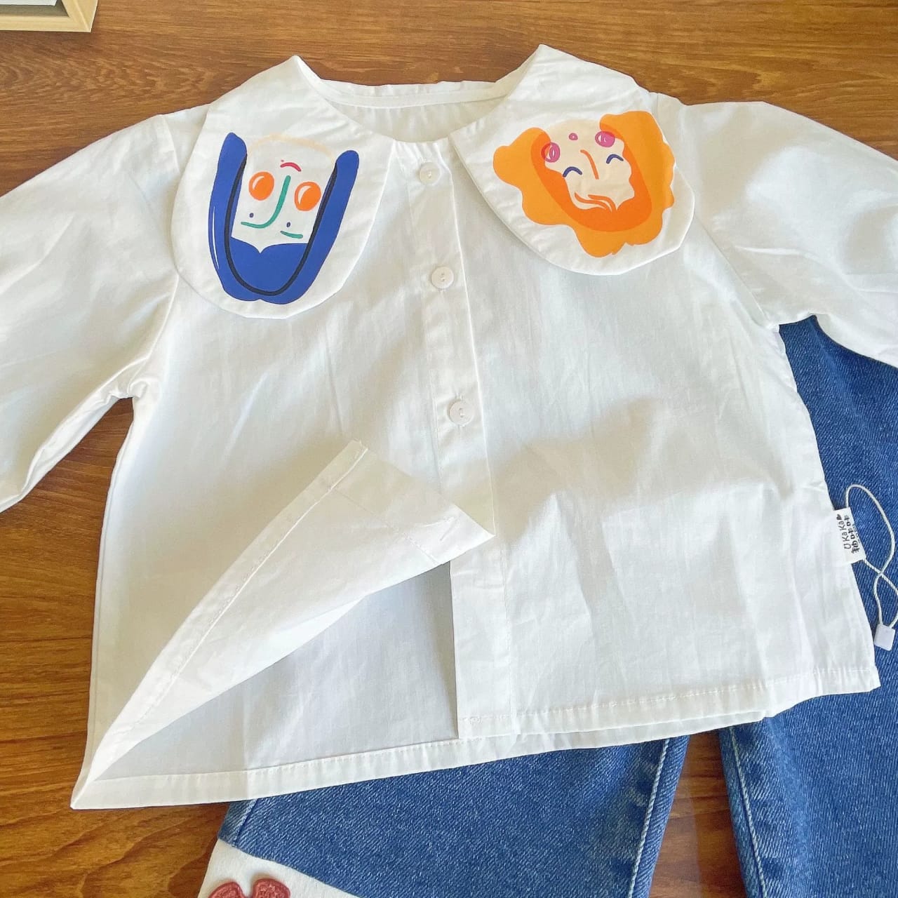 Fun Cape Blouse & Flower-Patch Denim Set