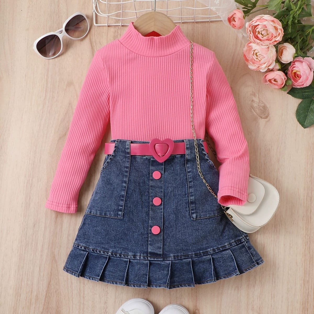 Mock Neck Top, Frill Hem Denim Skirt& Belt Set