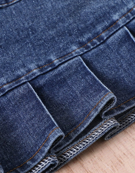 Mock Neck Top, Frill Hem Denim Skirt& Belt Set