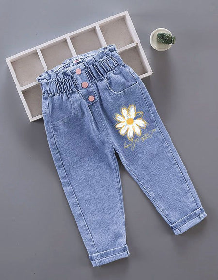 Button Detail Paperbag Waist Cartoon Print Denim Pant