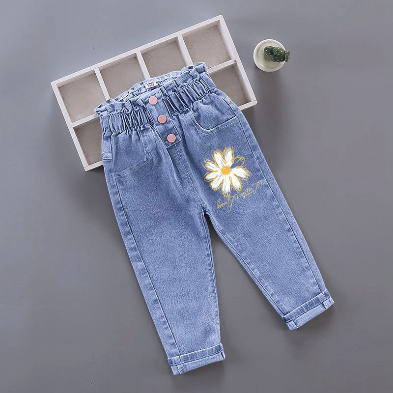 Button Detail Paperbag Waist Cartoon Print Denim Pant