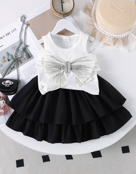 Classy Bow Detailed Vest & Layered Skirt Set