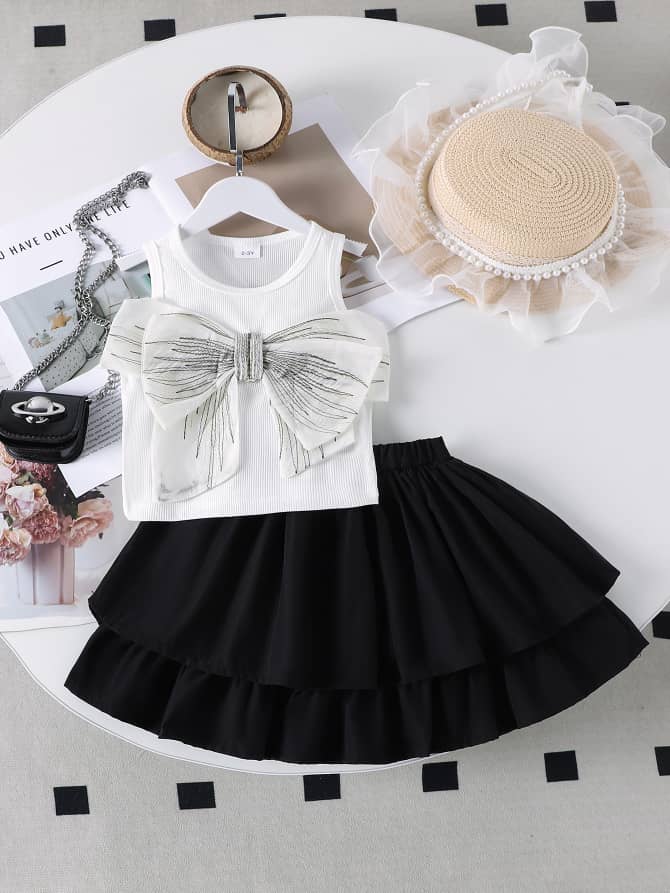 Classy Bow Detailed Vest & Layered Skirt Set