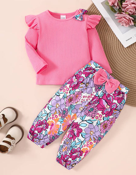 Rosy Ruffle Ribbed Top & Floral Bow Pants Set