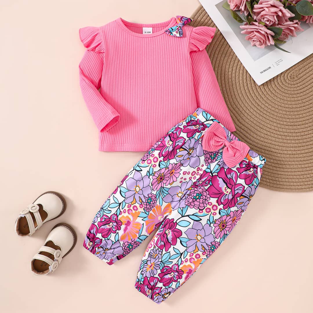 Rosy Ruffle Ribbed Top & Floral Bow Pants Set