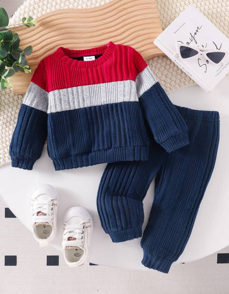 Knitted Colorblock Boys Sweatshirt & Pant Set