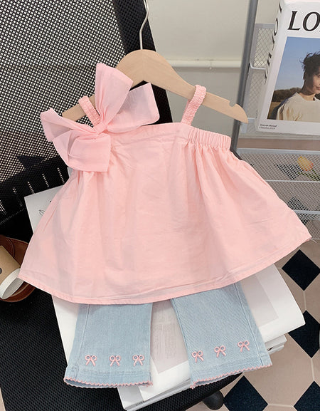 Rosy Ribbon Bow Top & Bowed Denim Set