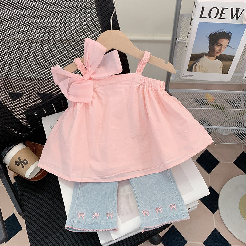 Rosy Ribbon Bow Top & Bowed Denim Set