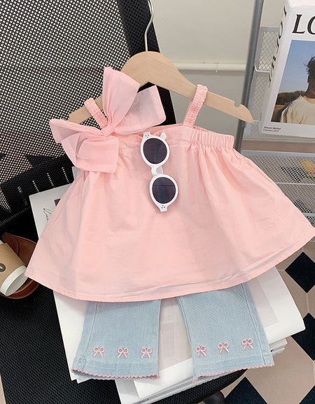 Rosy Ribbon Bow Top & Bowed Denim Set