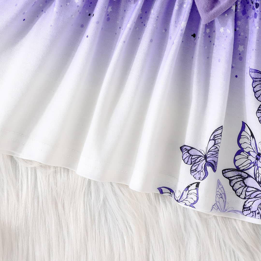 Bowknot Butterfly Print Dress & Ruffle Trim Cardigan Set