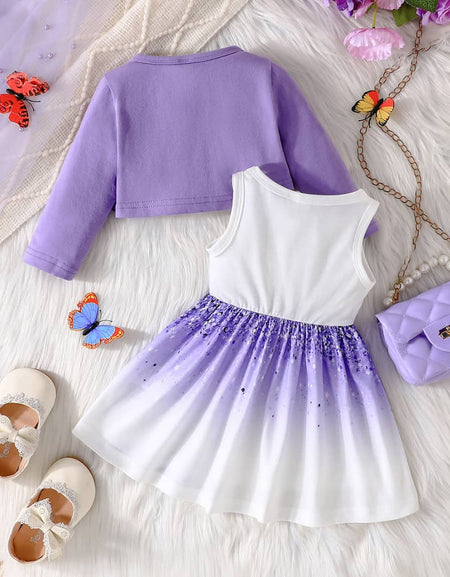 Bowknot Butterfly Print Dress & Ruffle Trim Cardigan Set