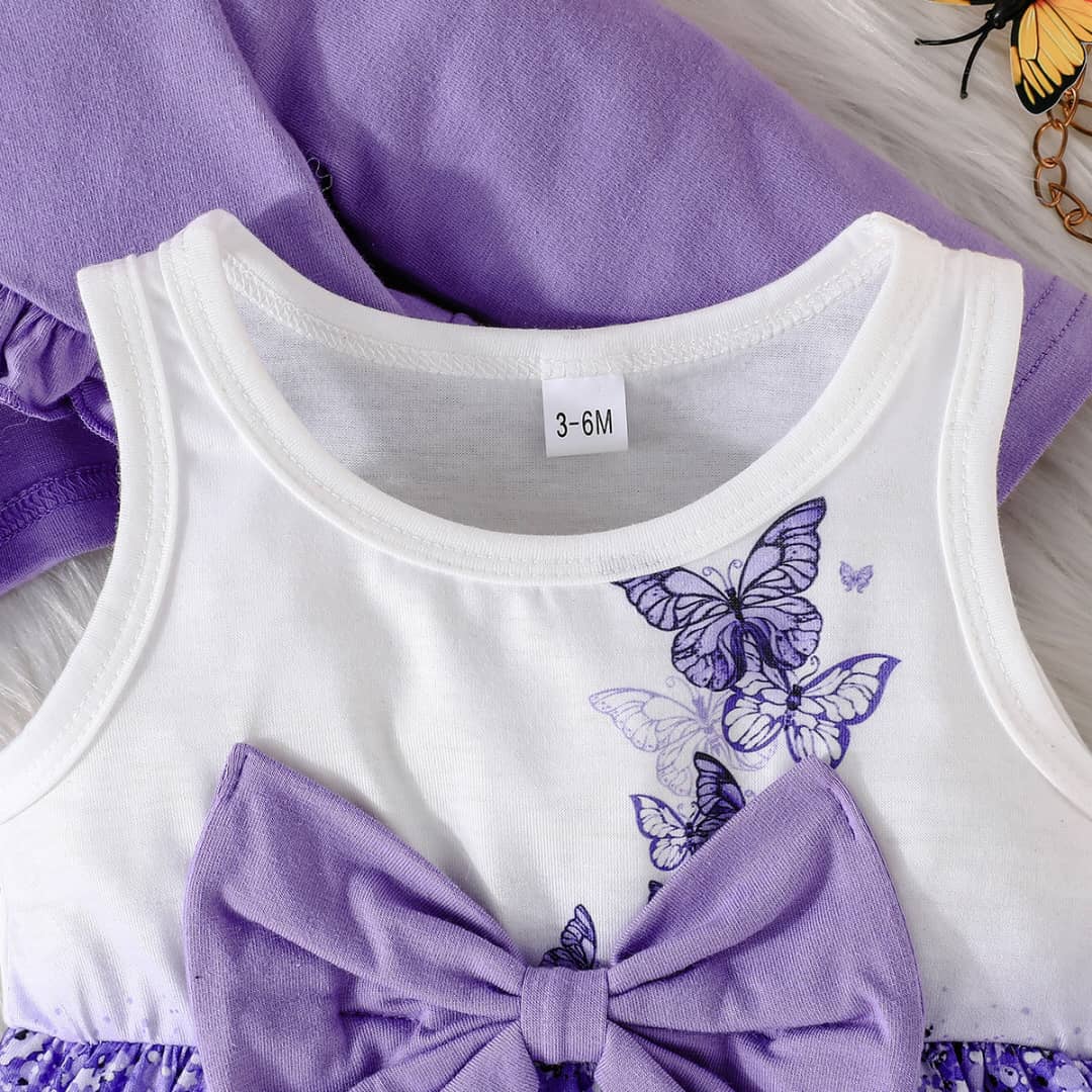 Bowknot Butterfly Print Dress & Ruffle Trim Cardigan Set