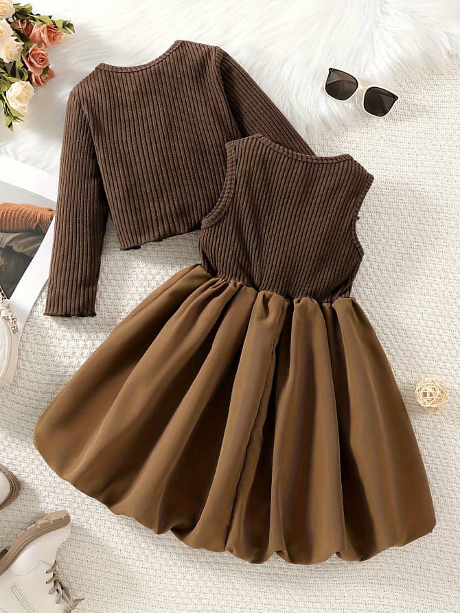 Toffee Twirl Cozy Cardigan & Dress Duo