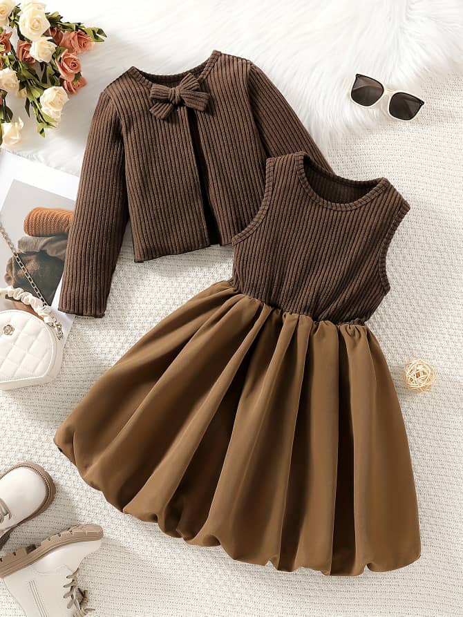 Toffee Twirl Cozy Cardigan & Dress Duo