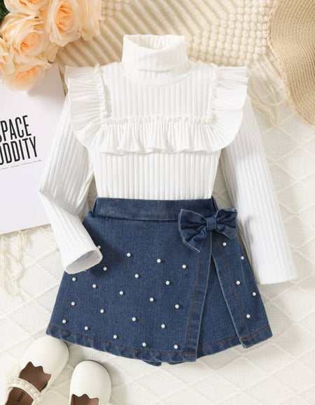 Pearl Detail Ruffle Top & Bow Denim Skirt Set